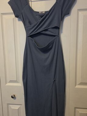 Heart Hips Slate Blue Ribbed Cutout Midi Dress
